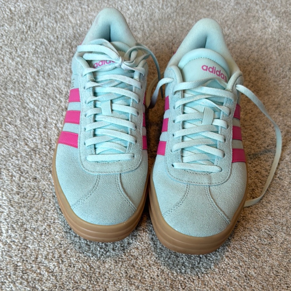 adidas Women's Mint Suede Sneakers with Pink Stripes